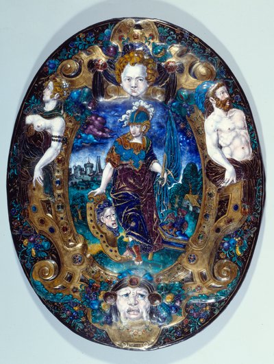 由 Jean Court dit Vigier（16 世纪）（LIMOGES 的画家 enamailleur）创作的风景背景上代表 Minerve 的彩绘珐琅托盘，巴黎，卢浮宫 作者 让·德·考特