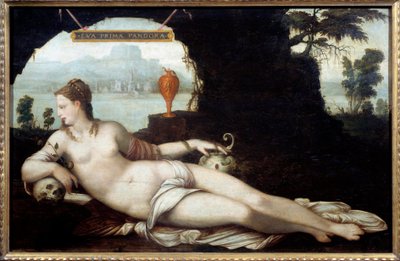 Eva Prima pandora 代表了一个女人，跨越了夏娃和潘多拉的特征，他们都给地球带来了所有的邪恶。 Jean Cousin 的绘画 (Vanite) 称为父亲 (1490-1560) 16 世纪。 暗淡。 0,97x1,5 m。 作者 表姐让·表哥