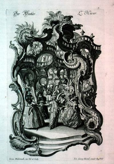 冬天，洛可可风格的乐谱，描绘了一个华丽的舞会，由Johann Georg Hertel出版。 作者 耶利米的清醒