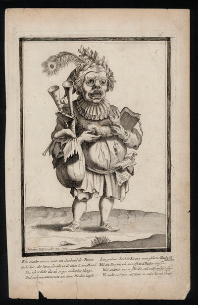 男子手持风笛，头戴孔雀羽毛头饰，超现实主义服装印花，c1700（雕刻） 作者 耶利米斯·沃尔夫（Jeremias Wolff）