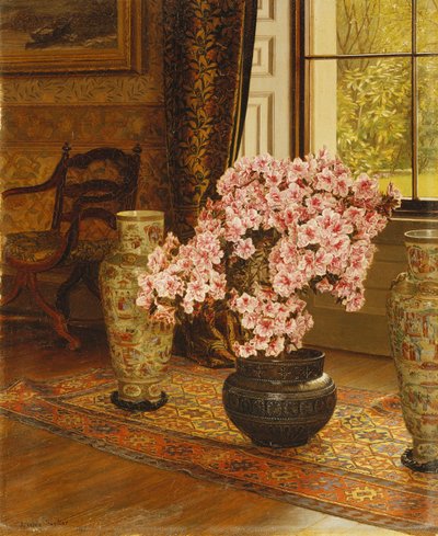 室内日式碗中的杜鹃花，东方地毯上的中国花瓶 作者 Jessica Hayllar