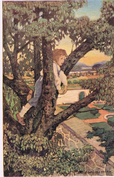 树上的男孩，来自罗伯特·路易斯·史蒂文森的《孩子的诗歌花园》，1885 年出版（彩色平版印刷） 作者 杰西·威尔考克斯·史密斯