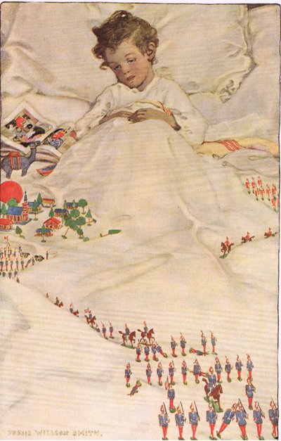 床上的孩子，选自罗伯特·路易斯·史蒂文森的《孩子的诗歌花园》，1885 年出版（彩色平版印刷） 作者 杰西·威尔考克斯·史密斯