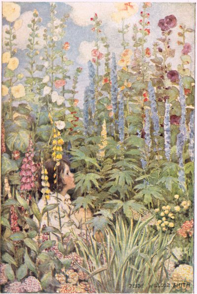 野花丛中的孩子，选自罗伯特·路易斯·史蒂文森的《孩子的诗歌花园》，1885 年出版（彩色平版印刷） 作者 杰西·威尔考克斯·史密斯