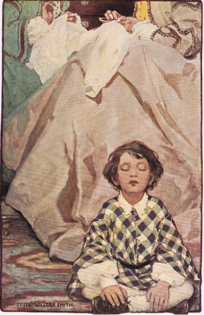 一名儿童坐在缝纫女工身边，摘自罗伯特·路易斯·史蒂文森 (Robert Louis Stevenson) 的《儿童诗句花园》，1885 年出版（彩色平版印刷） 作者 杰西·威尔考克斯·史密斯