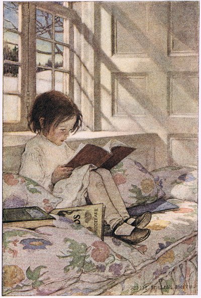 一个女孩在读书，选自罗伯特-路易斯-史蒂文森的《孩子的诗歌花园》，1885 年出版（彩色石版印刷）。 作者 杰西·威尔考克斯·史密斯