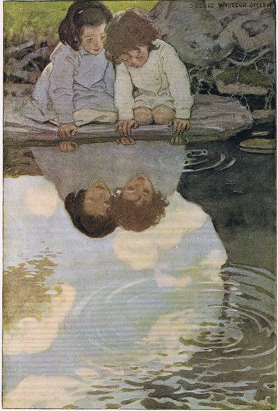 孩子们看着自己的倒影，摘自罗伯特·路易斯·史蒂文森 (Robert Louis Stevenson) 的《儿童诗句花园》，1885 年出版（彩色平版印刷） 作者 Jessie Willcox Smith