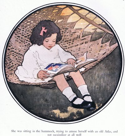 她坐在吊床上，试图用一本旧地图册自娱自乐，但一点也不成功（彩色平版）。 作者 杰西·威尔考克斯·史密斯