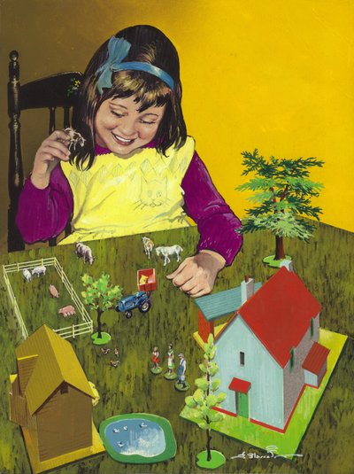 带着玩具农场的女孩（纸上水粉画） 作者 赫苏斯·布拉斯科