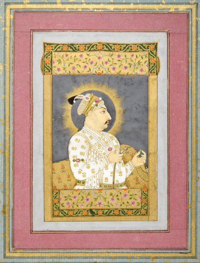 穆罕默德·沙阿的肖像拿着祖母绿和Huqqa的喉舌，1730墨水与纸和黄金在纸上 作者 Jharokha Nidha Mal