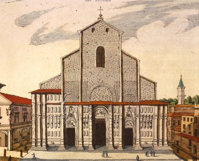 博洛尼亚的圣佩特罗尼奥大教堂，作者是Joan Blaeu（1596-1673），印刷品来自Theatrum Civitatum et Admirandorum Italiae，意大利 作者 琼·布劳