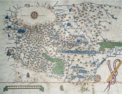 亚洲地图，包括亚美尼亚、伊朗、阿富汗，在阿特拉斯·德·琼·马丁内斯 (Atlas de Joan Martines) 上有风玫瑰、港口、海岸和海上航线的详细信息 作者 琼·马丁内斯（Joan Martines）
