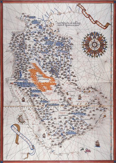 阿特拉斯·德·琼·马丁内斯 (Atlas de Joan Martines) 中的阿拉伯半岛地图，带有风向上升以及港口和海岸的详细信息 作者 琼·马丁内斯（Joan Martines）
