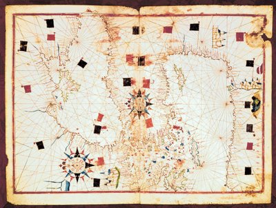地中海东部和黑海地图，16世纪波特兰地图集的手稿（手稿）。 作者 琼·马丁内斯（Joan Martines）