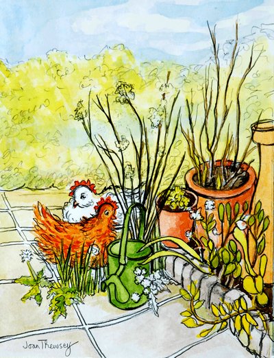 母鸡和花盆，露西雷德曼开放式花园，2000，（铅笔水彩洗） 作者 琼·瑟西