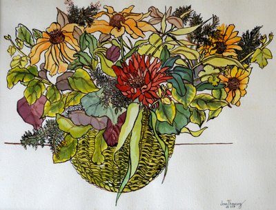 金光菊与篮子里的叶子，2011年，（笔，墨水和水彩） 作者 琼·瑟西