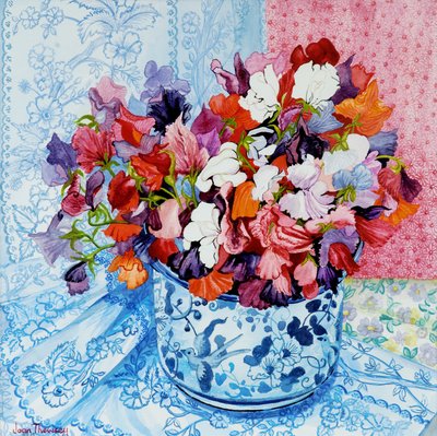 在一个蓝色和白色罐的甜豌豆，2010年，水彩 作者 琼·瑟西