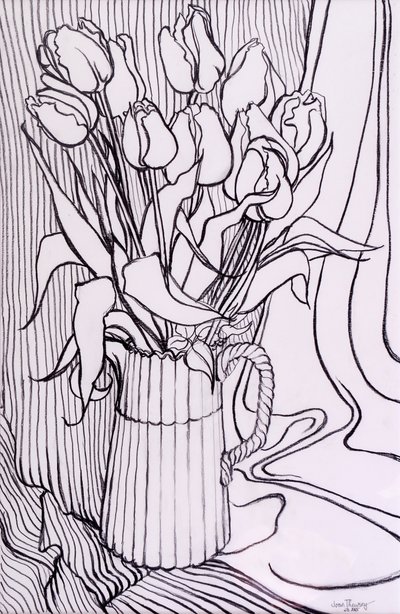 郁金香对条纹布，2000年，石墨 作者 琼·瑟西