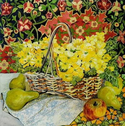在篮子里的黄色报春花，用水果和纺织品，2010.watercolour 作者 琼·瑟西