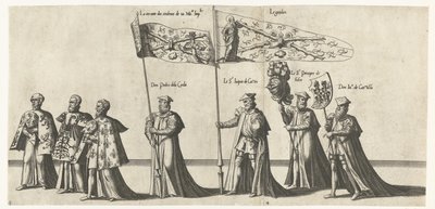 Deel van de optocht, nr.
凯泽尔-卡雷尔五世的墓志铭，1558 年（系列标题）
La magnifique, et sumptueuse Pompe Funebre, faite aus Obseques  Funerailles du tres-grand  tres-victorieus Empereur Charles Cinquième, Celebrées en la Vile de Bru 作者 乔安妮斯·范·杜特库姆 (I)