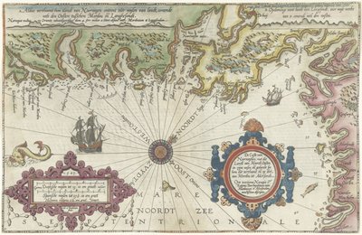 梅尔多伊和乌德瓦拉之间的挪威和瑞典海岸地图
De Custe van Noorweghen, met dat landt van Noordt oosten in zijne wesen ende gedaente（......）（标题见实物） 作者 乔安妮斯·范·杜特库姆 (I)
