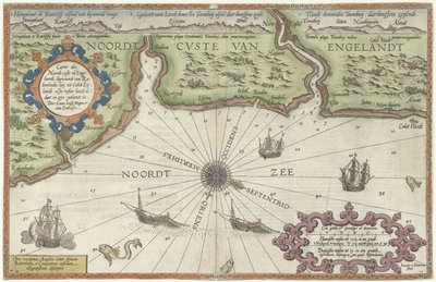 泰恩河畔纽卡斯尔附近的英格兰北部海岸地图
Caerte der Noordt custe van Engelandt, beginnende van Robinhodes baij tot Cocket Eijlandt（......）（标题见实物） 作者 乔安妮斯·范·杜特库姆 (I)
