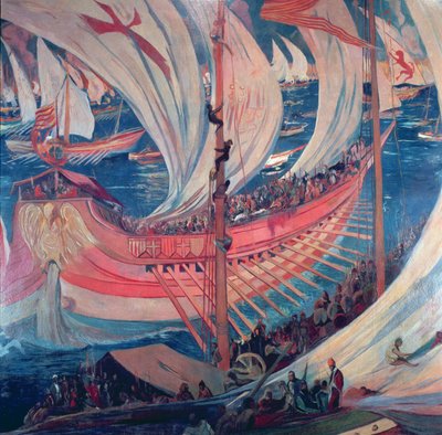 诺号 "船，表现 13 世纪加泰罗尼亚人在地中海扩张的一幅画的细节（壁画） 作者 华金·米尔·特伦西特