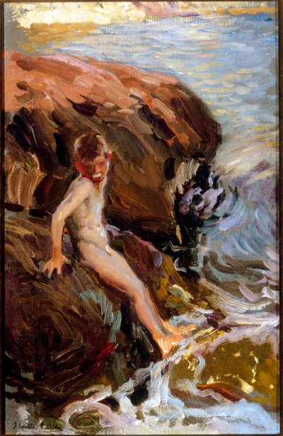 岩石上的男孩 Jarea .Joaquin Sorolla y Bastida（1863-1923 年）的绘画，纸上油彩；珍贵收藏。 作者 华金·索罗拉·巴斯蒂达