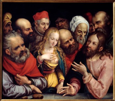 《基督与女人通奸》纸板画，作者：Jobst Harrich (1580-1617) 1617 Sun。 0,73x0,84 m 作者 乔布斯特·哈里奇