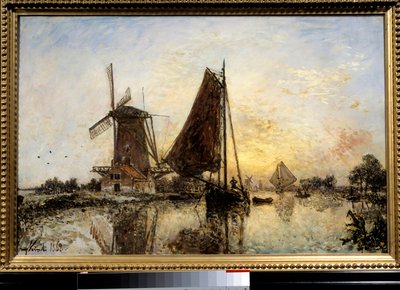荷兰风景，磨坊附近的船 画家：让-巴托尔-琼金德（1819-1891） 1868年 太阳。0,52x0,81米 巴黎，奥赛博物馆 作者 约翰·巴索德·琼金德（Johan Barthold Jongkind）