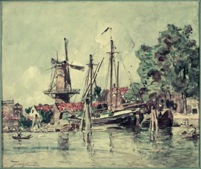 在荷兰，磨坊附近的船 作者 约翰·巴索德·琼金德（Johan Barthold Jongkind）
