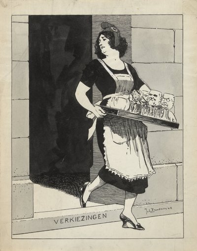 为《De Amsterdammer》的插图设计：女仆端着酒杯，被台阶绊倒的荷兰圣母选举（1924 年 5 月 17 日） 作者 约翰·布拉肯西克（Johan Braakensiek）