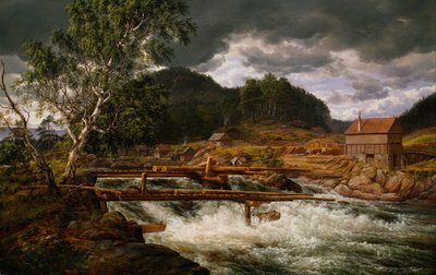挪威文：  Hellefossen ved Hokksund 霍克森德附近的赫尔勒福斯 赫尔勒福斯 作者 约翰·克里斯蒂安·达尔