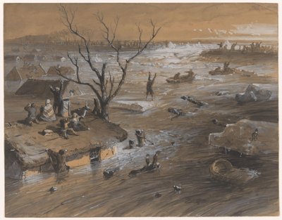 1861 年 1 月 4 日，布拉克尔堤坝溃决（物品上的标题） 作者 Johan Hendrik Weissenbruch（艺术家签名）