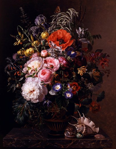 希腊花瓶中的罂粟、牡丹、玫瑰和金莲花。约翰-劳伦茨-詹森（Johan Laurentz Jensen，1800-1856 年）的画作，私人收藏。 作者 约翰·洛朗兹·詹森（Johan Laurents Jensen）