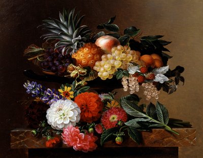希腊鸢尾花中的大丽花、羽扇豆和堇菜。约翰-劳伦茨-詹森（Johan Laurentz Jensen，1800-1856 年）的画作，私人收藏。 作者 约翰·洛朗兹·詹森（Johan Laurents Jensen）