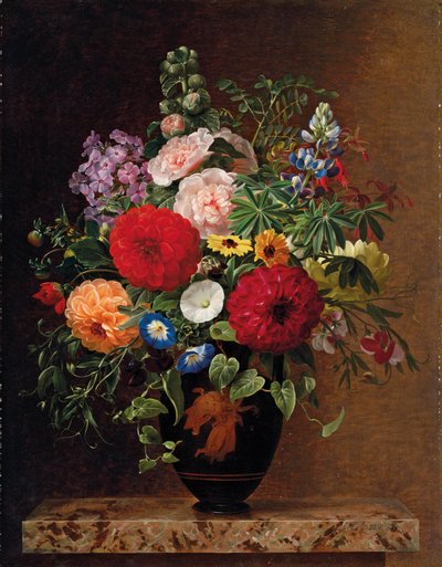 丁香，苹果花，矢车菊和甜威廉姆斯，在壁架上放一壶中提琴，1827年 作者 约翰·洛朗兹·詹森（Johan Laurents Jensen）