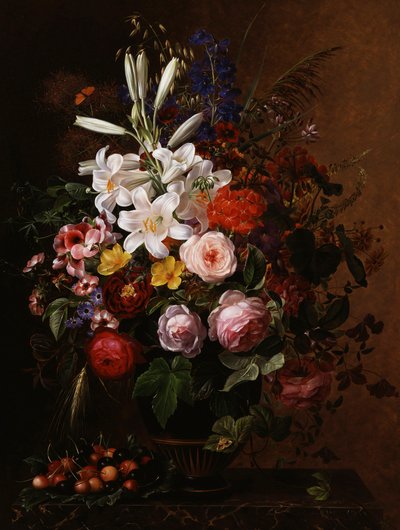 希腊花瓶中的百合、天竺葵和玫瑰。约翰-劳伦茨-詹森（Johan Laurentz Jensen，1800-1856 年）的画作，私人收藏。 作者 约翰·洛朗兹·詹森（Johan Laurents Jensen）