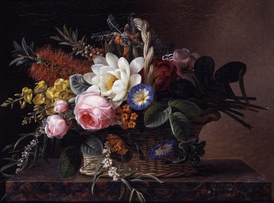 马蹄莲、百合、扫帚、玫瑰和旋覆花的静物。约翰-劳伦茨-延森（Johan Laurentz Jensen，1800-1856 年）的画作，私人收藏。 作者 约翰·洛朗兹·詹森（Johan Laurents Jensen）