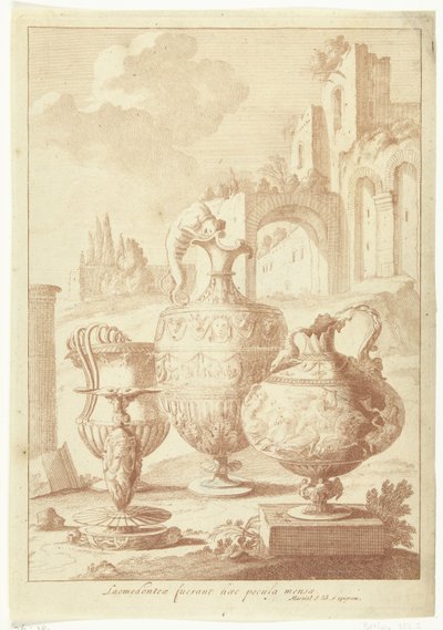 烛台和三个花瓶
Laomedonteae fuerant haec pocula mensea（物品上的标题）
花瓶和烛台（系列标题） 作者 Daniël Marot (I)（拒绝归属）