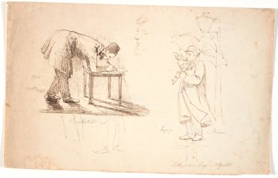 研究表，左边是画家本人，弯着腰在凳子或小桌子上作画。上方是两位军官和一位着装绅士的研究。中间是画室中的自画像。右边是画家撑着伞站在街边的灯笼和烛光下。 作者 约翰·托马斯·伦比