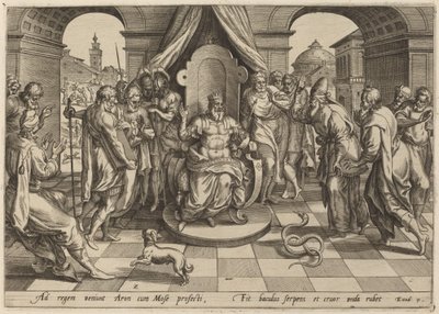 摩西和亚伦在法老面前 作者 Johan Wierix，根据 Maarten van Cleef