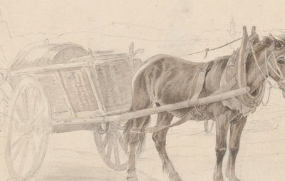 一辆棕马拉的车在灯杆附近，背面：一群骑马的军官，约1815年。 作者 约翰·亚当·克莱因（Johann Adam Klein）