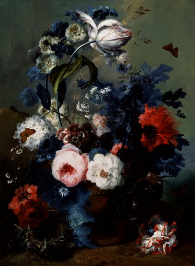 玫瑰、罂粟花和鸢尾花的静物。约翰-巴蒂斯特-德雷克斯勒（Johann Baptist Drechsler，1756-1811 年）的画作，私人收藏。 作者 约翰·巴蒂斯特·德莱克斯勒