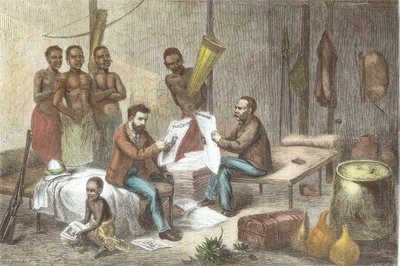 大卫·利文斯通博士（1813-73）和亨利·莫顿·斯坦利先生（1841-1904）在中非接收报纸，由皮尔逊（后来的着色）雕刻 作者 约翰·施洗约翰·泽克