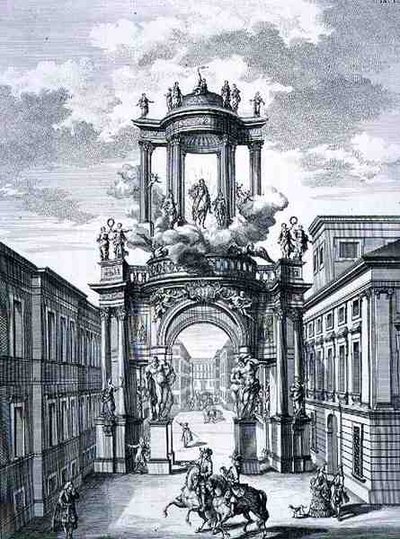 维也纳凯旋门，出自《历史建筑学》，由约翰-亚当-德尔森巴赫（1687-1765）1721年雕刻（雕刻）。 作者 约翰·伯恩哈德（后）菲舍尔·冯·埃拉赫