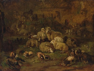 绵羊，山羊和鸡（纸上的油放在画布上） 作者 Johann Christian Reinhardt