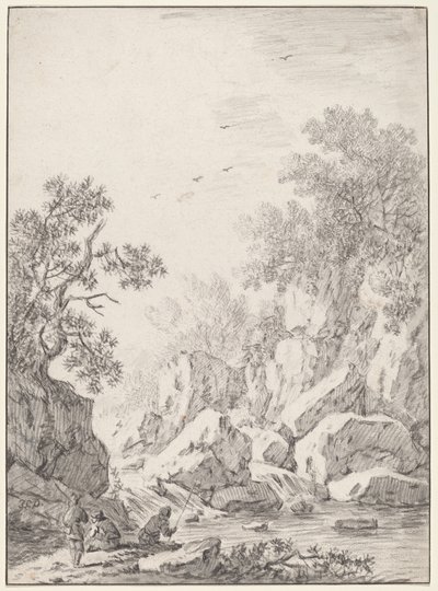 岩石悬崖边的瀑布，1750年代。 作者 约翰·克里斯托夫·迪茨施（Johann Christoph Dietzsch）