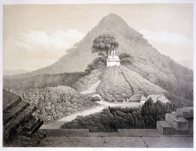 帕伦克十字架神庙的风景如画，来自“墨西哥古代纪念碑”的第 20 版，由 Hubert Clerget (1818-99) 1866 年雕刻（石版画） 作者 约翰·弗里德里希·马克西米利安·冯（后）沃尔德克
