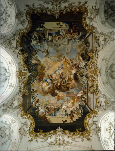 巴洛克艺术：“被圣徒包围的圣母” 约翰·格奥尔格·伯格穆勒（Johann Georg Bergmuller）（1688-1792）1736 年奥古斯丁修道院教堂的穹顶壁画。 1732-1739 年德国阿默湖畔迪森 作者 约翰·乔治·伯格穆勒（Johann Georg Bergmuller）
